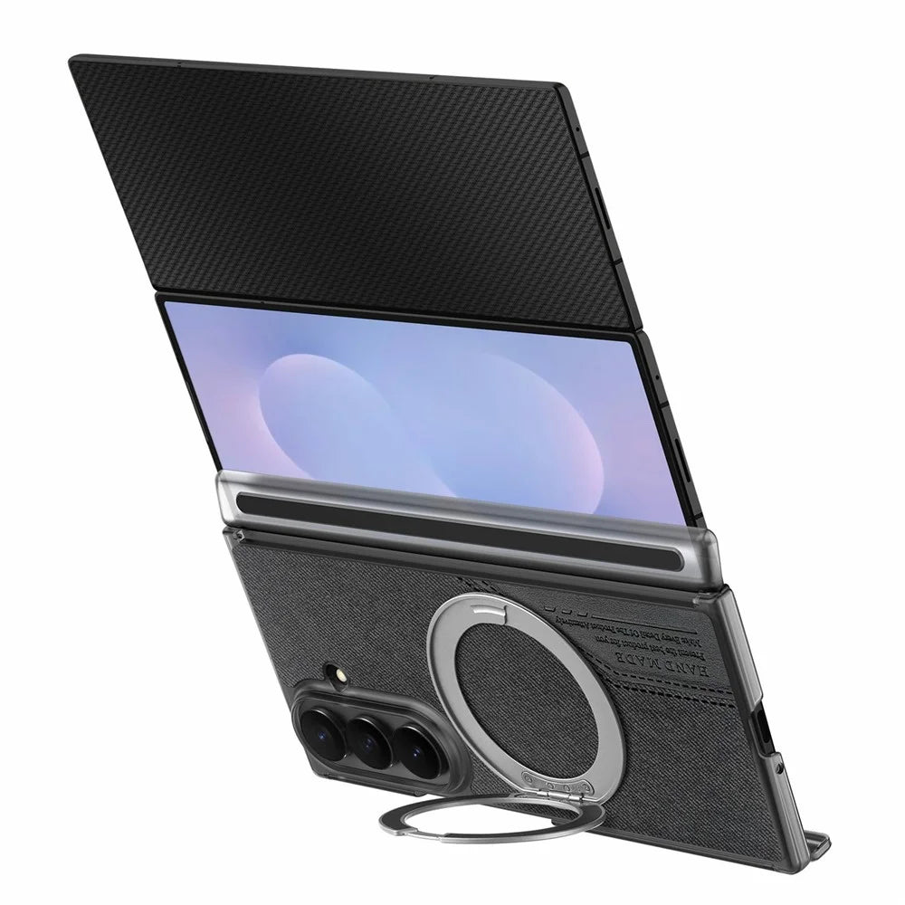 For Samsung Galaxy Z TriFold 5G Magnetic Phone Case Dual Axis Cloth Texture Leather Cover with 360° Rotating Ring Kickstand - Black - 5