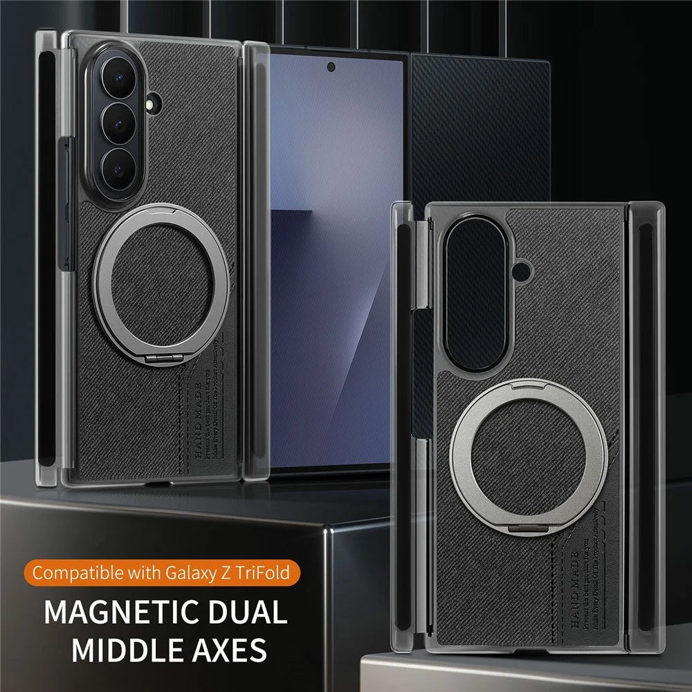 For Samsung Galaxy Z TriFold 5G Magnetic Phone Case Dual Axis Cloth Texture Leather Cover with 360° Rotating Ring Kickstand - Black - 6