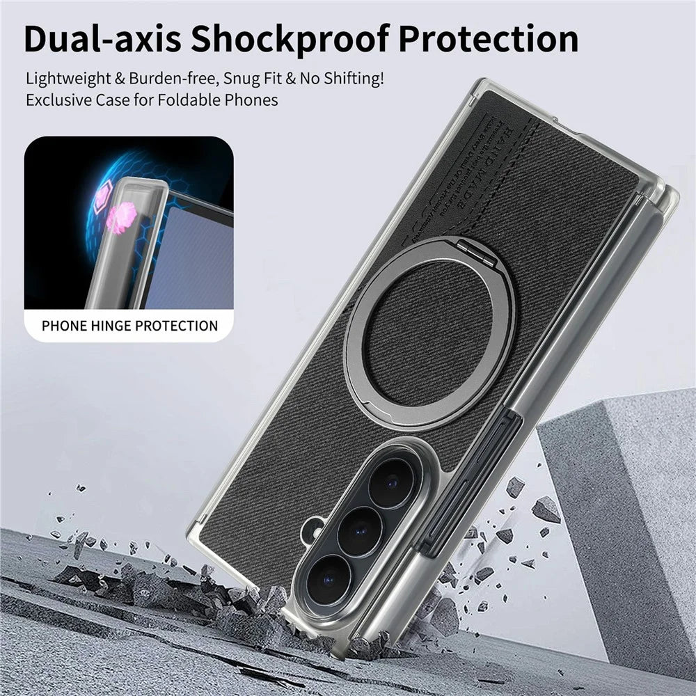 For Samsung Galaxy Z TriFold 5G Magnetic Phone Case Dual Axis Cloth Texture Leather Cover with 360° Rotating Ring Kickstand - Black - 7