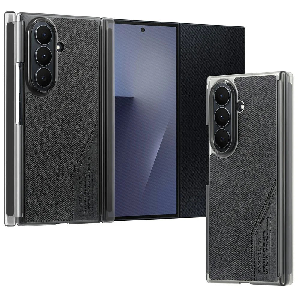 For Samsung Galaxy Z TriFold 5G Magnetic Phone Case Splicing Cloth Texture Leather Cover Dual Mid-axis Protection - Black - 1