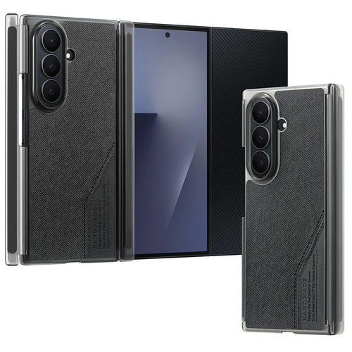 For Samsung Galaxy Z TriFold 5G Magnetic Phone Case Splicing Cloth Texture Leather Cover Dual Mid-axis Protection - Black - 1