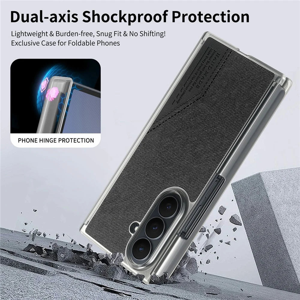 For Samsung Galaxy Z TriFold 5G Magnetic Phone Case Splicing Cloth Texture Leather Cover Dual Mid-axis Protection - Black - 2
