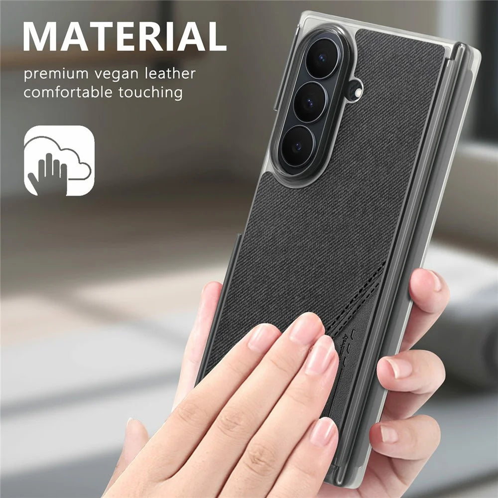 For Samsung Galaxy Z TriFold 5G Magnetic Phone Case Splicing Cloth Texture Leather Cover Dual Mid-axis Protection - Black - 4
