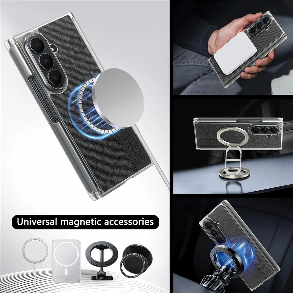 For Samsung Galaxy Z TriFold 5G Magnetic Phone Case Splicing Cloth Texture Leather Cover Dual Mid-axis Protection - Black - 5