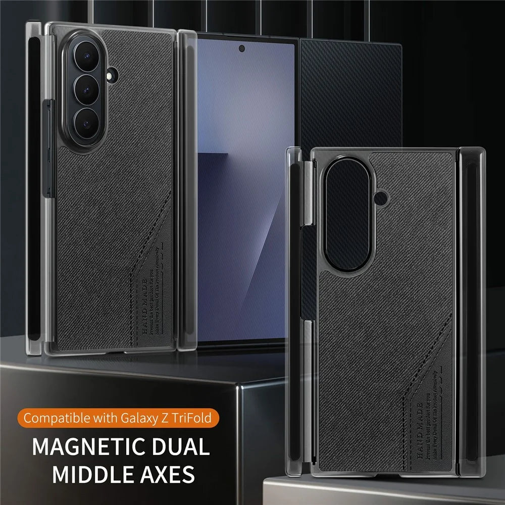 For Samsung Galaxy Z TriFold 5G Magnetic Phone Case Splicing Cloth Texture Leather Cover Dual Mid-axis Protection - Black - 6