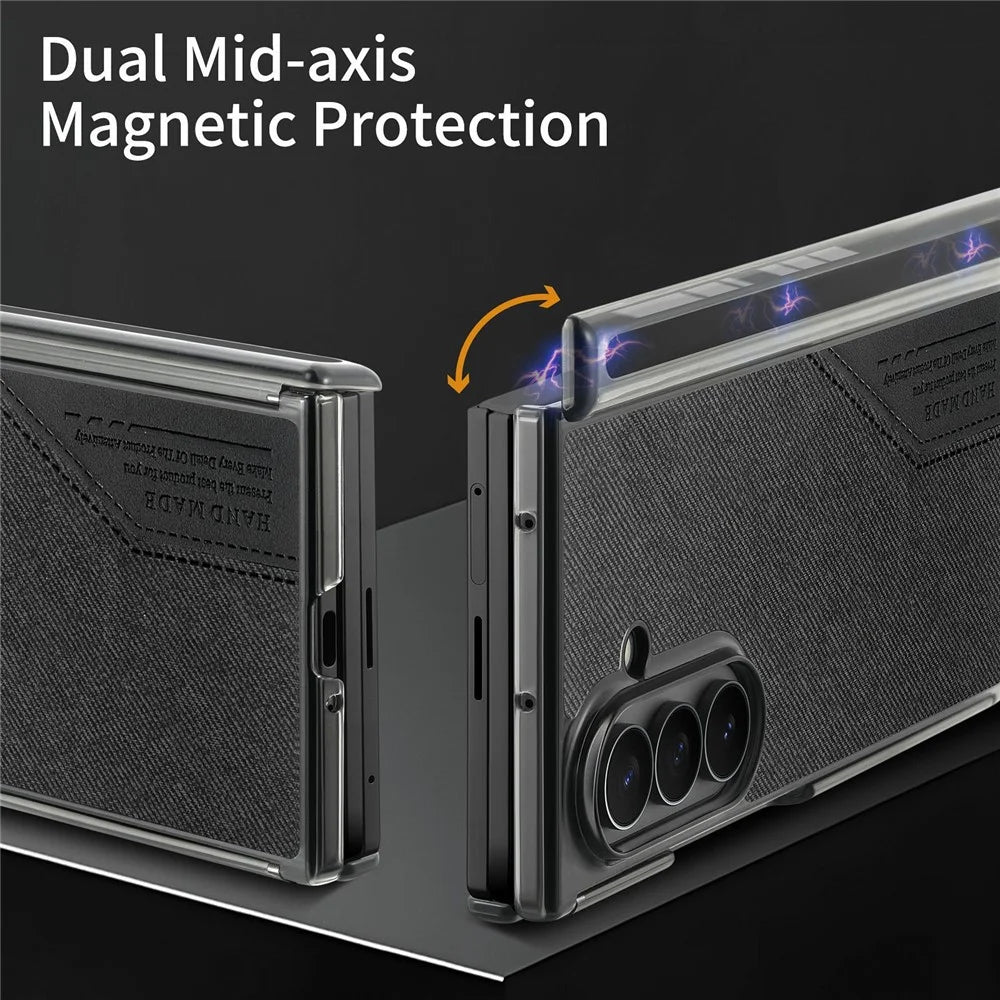 For Samsung Galaxy Z TriFold 5G Magnetic Phone Case Splicing Cloth Texture Leather Cover Dual Mid-axis Protection - Black - 7