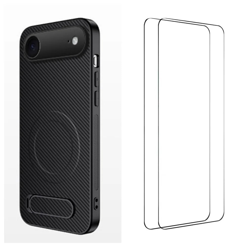 WANLONFENG For iPhone Air Magnetic Case with 2Pcs Tempered Glass Films  QT1 Series Kickstand Carbon Fiber Texture PC TPU Phone Cover - Black - 1