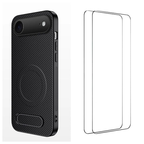 WANLONFENG For iPhone Air Magnetic Case with 2Pcs Tempered Glass Films  QT1 Series Kickstand Carbon Fiber Texture PC TPU Phone Cover - Black - 1