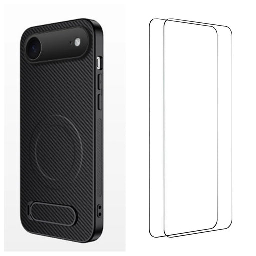 WANLONFENG For iPhone Air Magnetic Case with 2Pcs Tempered Glass Films  QT1 Series Kickstand Carbon Fiber Texture PC TPU Phone Cover - Black - 1