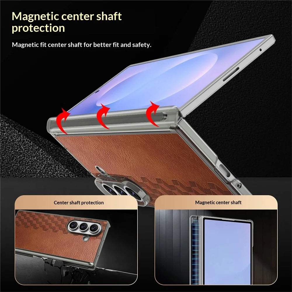 For Samsung Galaxy Z Fold7 5G Case Magnetic Dual Center Shaft Protection PU Leather TPU PC Foldable Phone Cover - Brown - 3