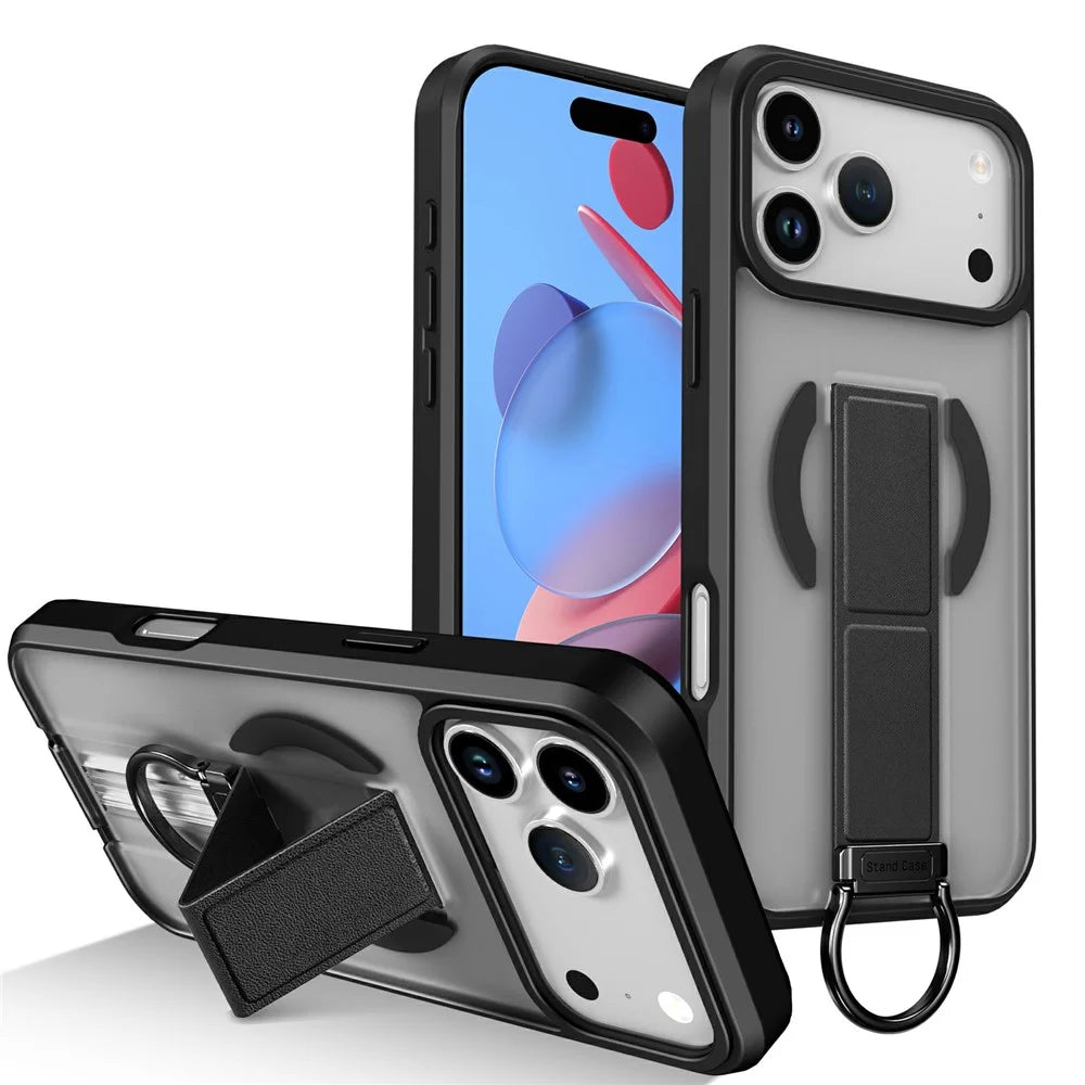 For iPhone 17 Pro Magnetic Case with Folding Kickstand  /  Ring Holder TPU + PC Phone Back Cover - Black - 1