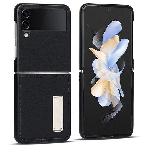 For Samsung Galaxy Z Flip4 5G Folding Phone Case Litchi Texture Genuine Leather Coated PC Cover with Kickstand - Black - 1