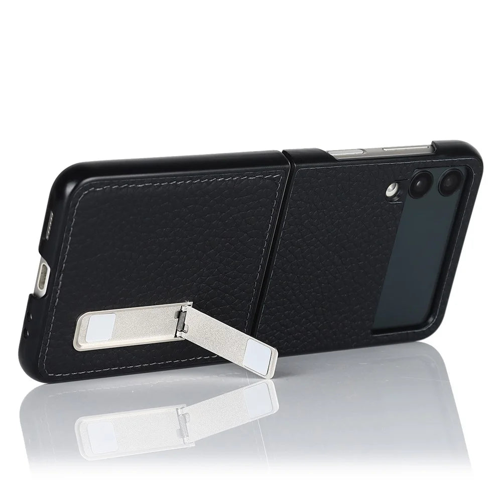 For Samsung Galaxy Z Flip4 5G Folding Phone Case Litchi Texture Genuine Leather Coated PC Cover with Kickstand - Black - 2