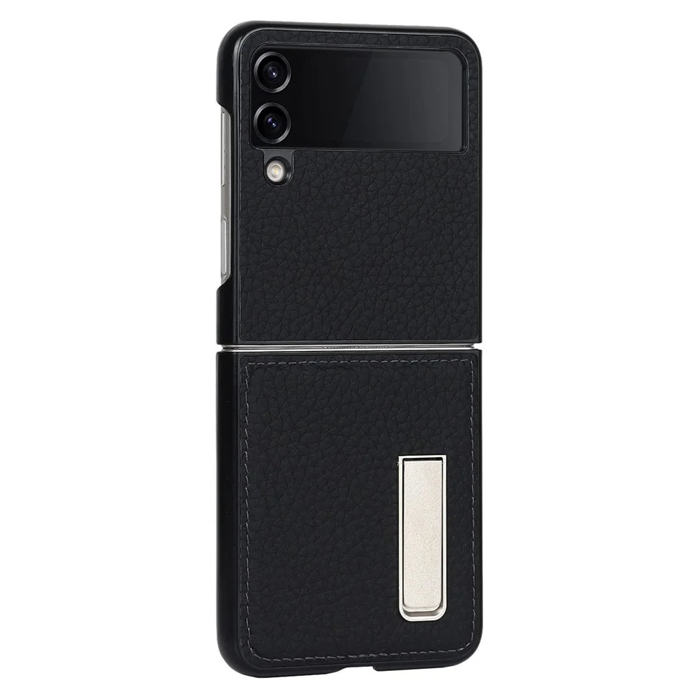 For Samsung Galaxy Z Flip4 5G Folding Phone Case Litchi Texture Genuine Leather Coated PC Cover with Kickstand - Black - 3