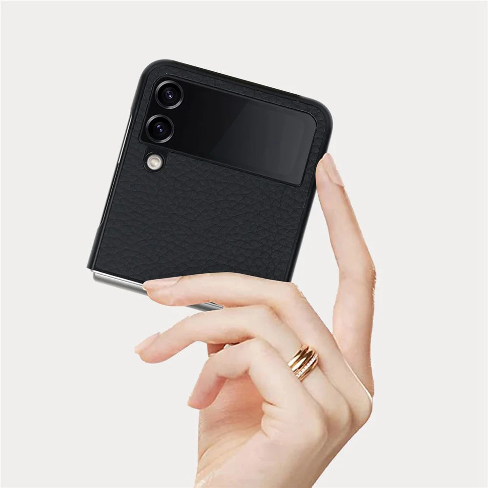 For Samsung Galaxy Z Flip4 5G Folding Phone Case Litchi Texture Genuine Leather Coated PC Cover with Kickstand - Black - 4