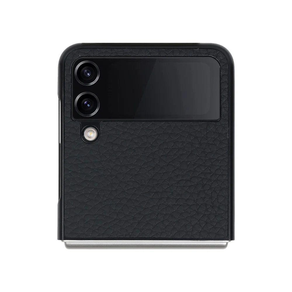 For Samsung Galaxy Z Flip4 5G Folding Phone Case Litchi Texture Genuine Leather Coated PC Cover with Kickstand - Black - 5