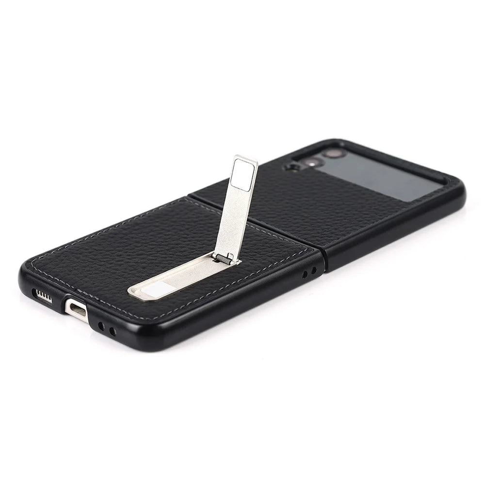 For Samsung Galaxy Z Flip4 5G Folding Phone Case Litchi Texture Genuine Leather Coated PC Cover with Kickstand - Black - 6
