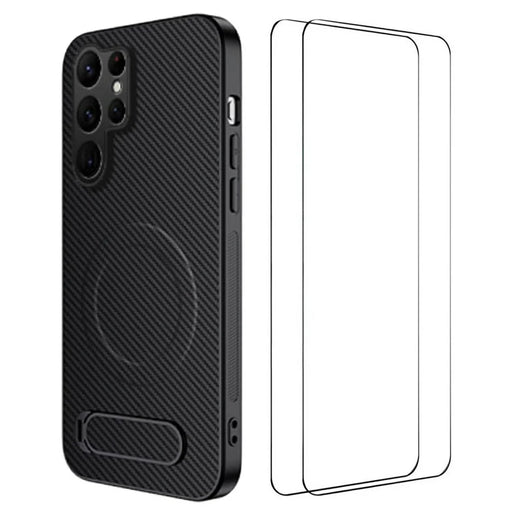 WANLONFENG For Samsung Galaxy S25 Ultra Magnetic Case with 2Pcs Tempered Glass Films  QT1 Series Kickstand Carbon Fiber Texture PC TPU Phone Cover - Black - 1