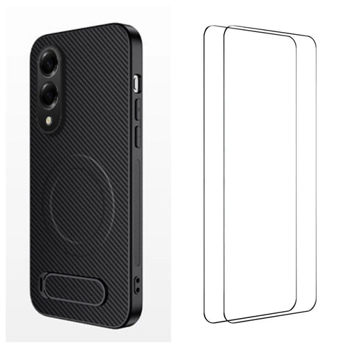 WANLONFENG For Samsung Galaxy S25 Edge Magnetic Case with 2Pcs Tempered Glass Films  QT1 Series Kickstand Carbon Fiber Texture PC TPU Phone Cover - Black - 1