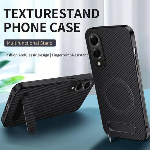 WANLONFENG For Samsung Galaxy S25 Edge Magnetic Case with 2Pcs Tempered Glass Films  QT1 Series Kickstand Carbon Fiber Texture PC TPU Phone Cover - Black - 2