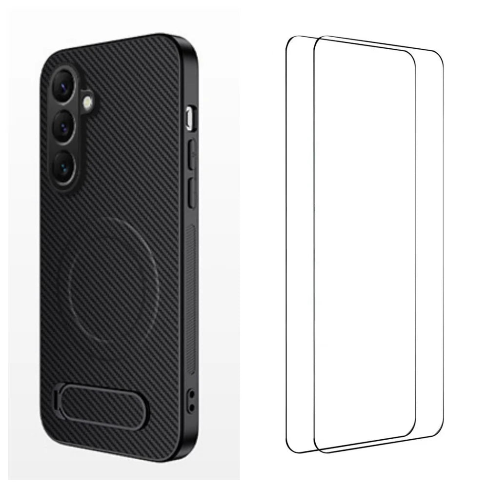 WANLONFENG For Samsung Galaxy S26 Magnetic Case with 2Pcs Tempered Glass Films  QT1 Series Kickstand Carbon Fiber Texture PC TPU Phone Cover - Black - 1