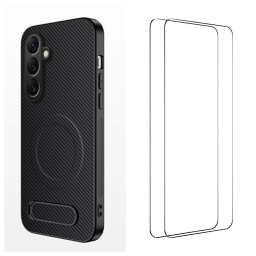 WANLONFENG For Samsung Galaxy S26+ Magnetic Case with 2Pcs Tempered Glass Films  QT1 Series Kickstand Carbon Fiber Texture PC TPU Phone Cover - Black - 1
