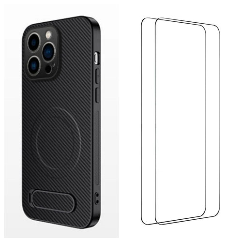 WANLONFENG For iPhone 16 Pro Magnetic Case with 2Pcs Tempered Glass Films  QT1 Series Kickstand Carbon Fiber Texture PC TPU Phone Cover - Black - 1