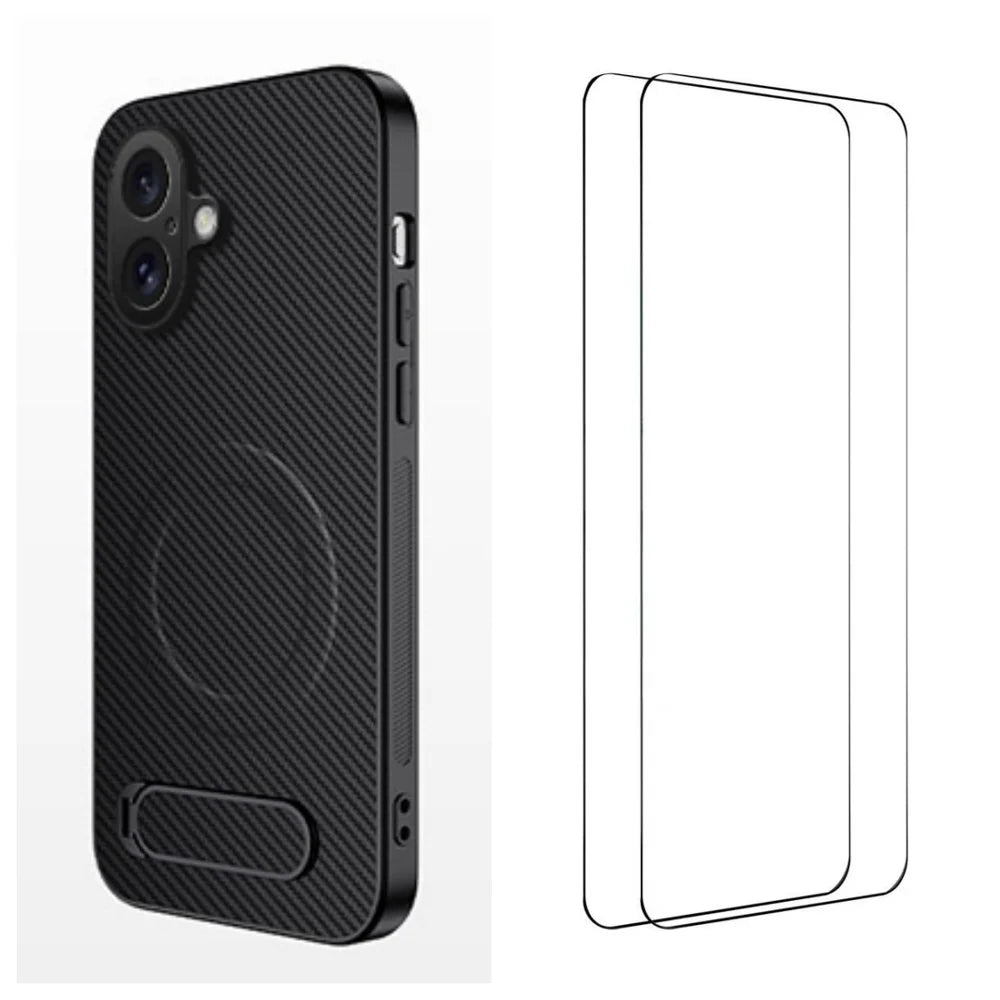 WANLONFENG For iPhone 16 Magnetic Case with 2Pcs Tempered Glass Films  QT1 Series Kickstand Carbon Fiber Texture PC TPU Phone Cover - Black - 1