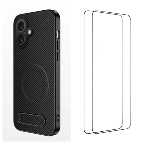 WANLONFENG For iPhone 16 Magnetic Case with 2Pcs Tempered Glass Films  QT1 Series Kickstand Carbon Fiber Texture PC TPU Phone Cover - Black - 1