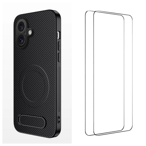 WANLONFENG For iPhone 17 Magnetic Case with 2Pcs Tempered Glass Films  QT1 Series Kickstand Carbon Fiber Texture PC TPU Phone Cover - Black - 1