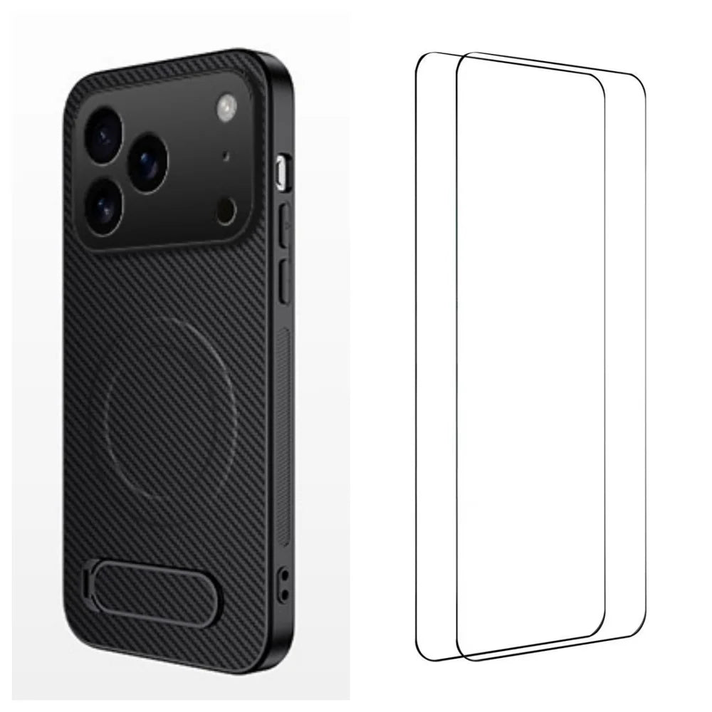 WANLONFENG For iPhone 17 Pro Magnetic Case with 2Pcs Tempered Glass Films  QT1 Series Kickstand Carbon Fiber Texture PC TPU Phone Cover - Black - 1