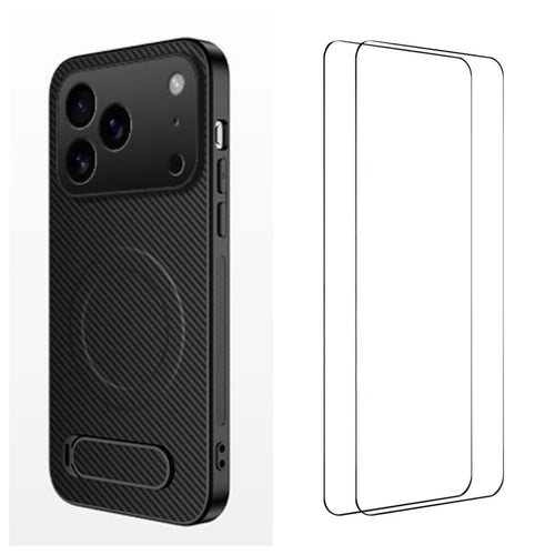 WANLONFENG For iPhone 17 Pro Magnetic Case with 2Pcs Tempered Glass Films  QT1 Series Kickstand Carbon Fiber Texture PC TPU Phone Cover - Black - 1