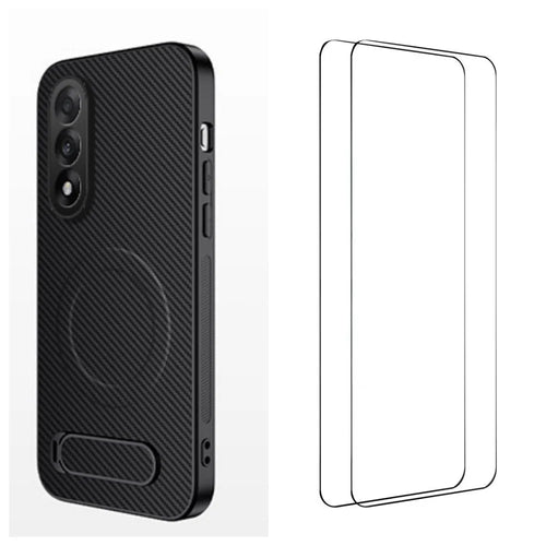 WANLONFENG For OnePlus Ace 5 Ultra 5G / OnePlus Nord 5 5G Magnetic Case with 2Pcs Tempered Glass Films  QT1 Series Kickstand Carbon Fiber Texture PC TPU Phone Cover - Black - 1