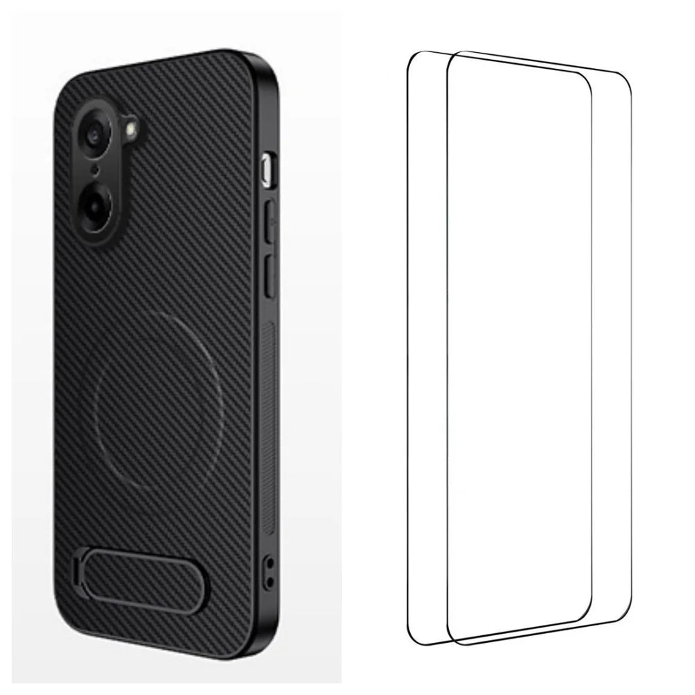 WANLONFENG For OnePlus Ace 5 Racing 5G / OnePlus Nord CE5 5G Magnetic Case with 2Pcs Tempered Glass Films  QT1 Series Kickstand Carbon Fiber Texture PC TPU Phone Cover - Black - 1