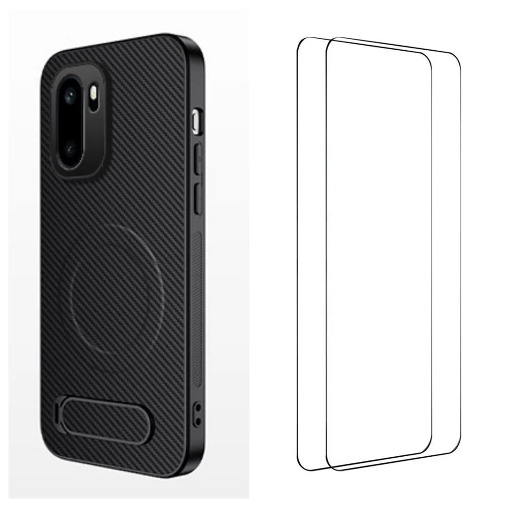 WANLONFENG For OnePlus Ace 6 5G / OnePlus Ace 6T 5G / OnePlus 15R 5G Magnetic Case with 2Pcs Tempered Glass Films  QT1 Series Kickstand Carbon Fiber Texture PC TPU Phone Cover - Black - 1