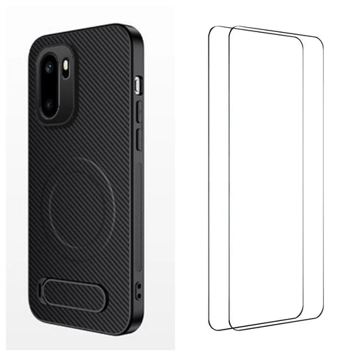 WANLONFENG For OnePlus Ace 6 5G / OnePlus Ace 6T 5G / OnePlus 15R 5G Magnetic Case with 2Pcs Tempered Glass Films  QT1 Series Kickstand Carbon Fiber Texture PC TPU Phone Cover - Black - 1