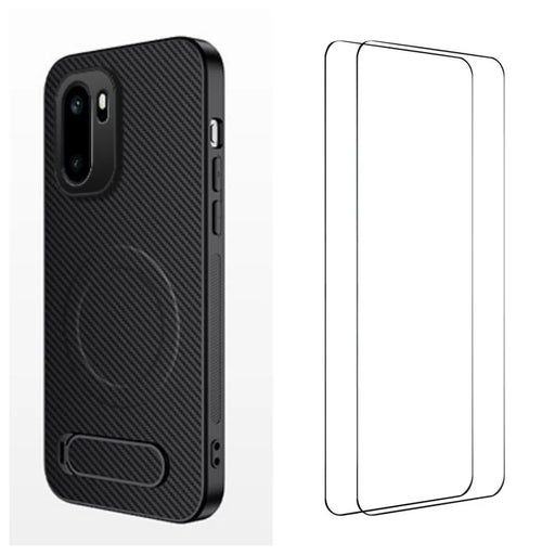 WANLONFENG For OnePlus Ace 6 5G / OnePlus Ace 6T 5G / OnePlus 15R 5G Magnetic Case with 2Pcs Tempered Glass Films  QT1 Series Kickstand Carbon Fiber Texture PC TPU Phone Cover - Black - 1