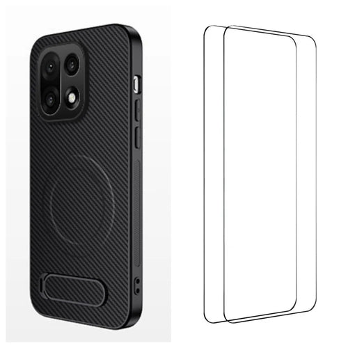 WANLONFENG For OnePlus 15 5G Magnetic Case with 2Pcs Tempered Glass Films  QT1 Series Kickstand Carbon Fiber Texture PC TPU Phone Cover - Black - 1