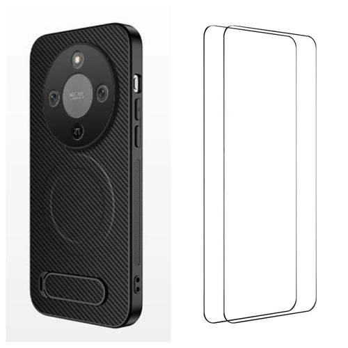 WANLONFENG For Honor X70 5G / Honor X9d 5G / Honor Magic8 Lite 5G Magnetic Case with 2Pcs Tempered Glass Films  QT1 Series Kickstand Carbon Fiber Texture PC TPU Phone Cover - Black - 1