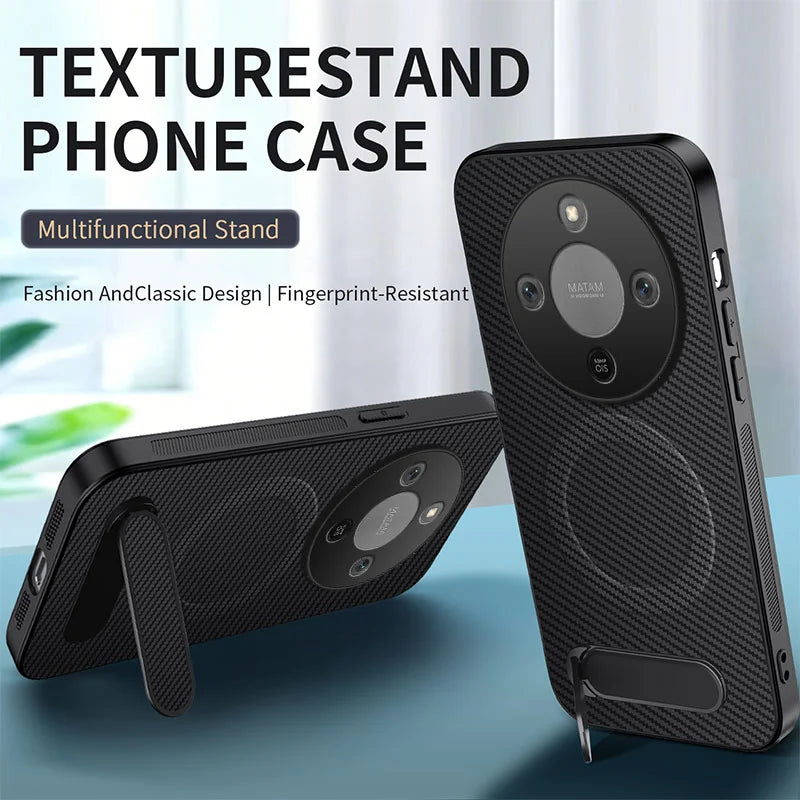 WANLONFENG For Honor X70 5G / Honor X9d 5G / Honor Magic8 Lite 5G Magnetic Case with 2Pcs Tempered Glass Films  QT1 Series Kickstand Carbon Fiber Texture PC TPU Phone Cover - Black - 2