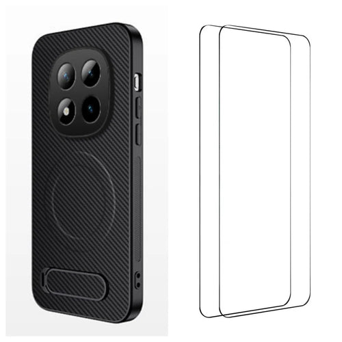 WANLONFENG For Xiaomi Redmi Note 15 4G (Global) Magnetic Case with 2Pcs Tempered Glass Films  QT1 Series Kickstand Carbon Fiber Texture PC TPU Phone Cover - Black - 1