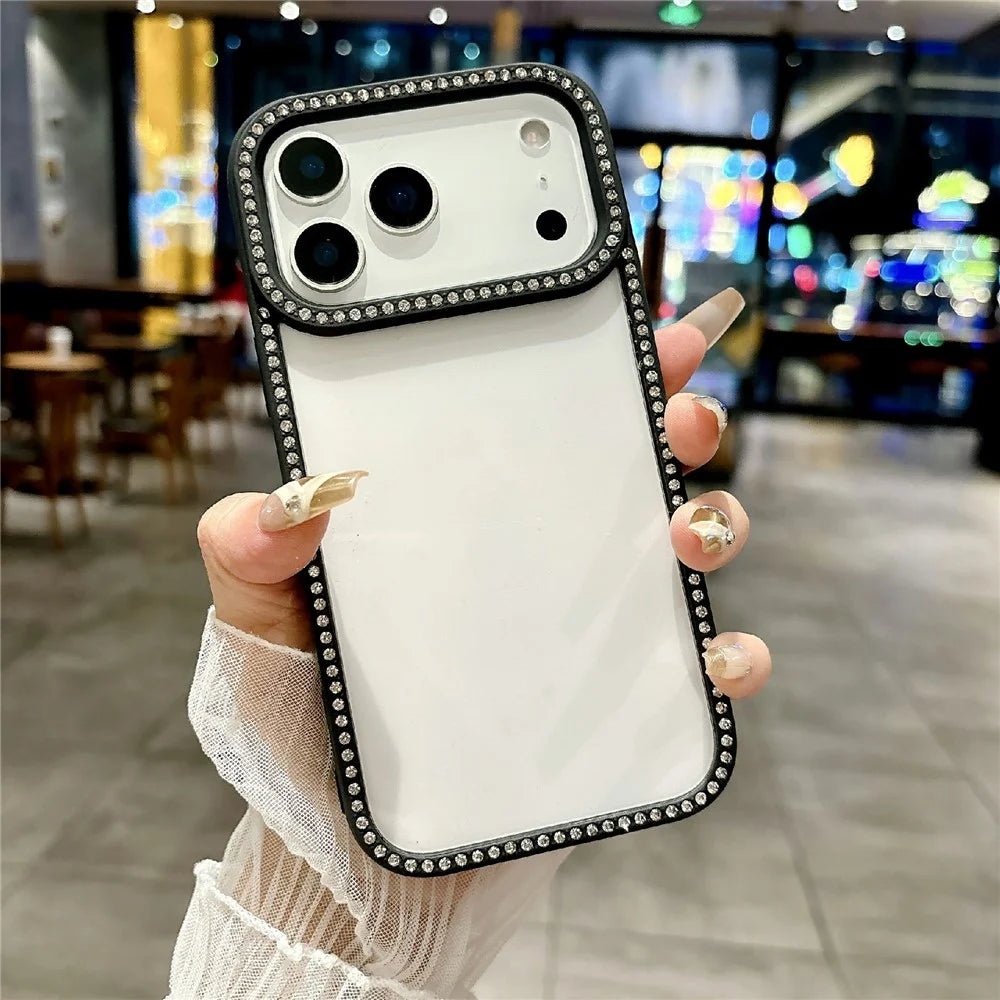 For iPhone 17 Pro Clear Phone Case Luxury Crystal Rhinestone Edge Decor PC TPU Protective Cover - Black - 1