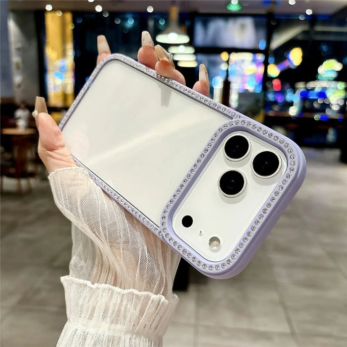 For iPhone 17 Pro Clear Phone Case Luxury Crystal Rhinestone Edge Decor PC TPU Protective Cover - Black - 3