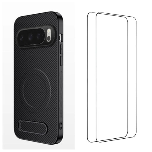 WANLONFENG For Google Pixel 10 Pro Magnetic Case with 2Pcs Tempered Glass Films  QT1 Series Kickstand Carbon Fiber Texture PC TPU Phone Cover - Black - 1