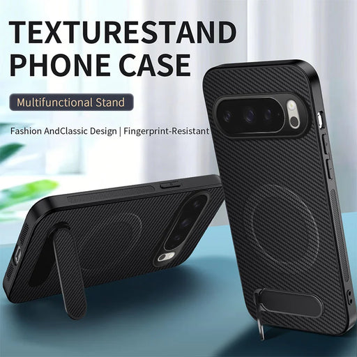 WANLONFENG For Google Pixel 10 Pro Magnetic Case with 2Pcs Tempered Glass Films  QT1 Series Kickstand Carbon Fiber Texture PC TPU Phone Cover - Black - 2