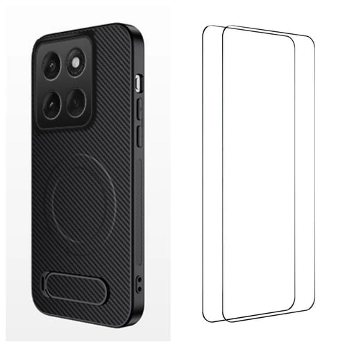 WANLONFENG For Motorola Edge 60 Fusion 5G / Motorola Edge 60 5G Magnetic Case with 2Pcs Tempered Glass Films  QT1 Series Kickstand Carbon Fiber Texture PC TPU Phone Cover - Black - 1