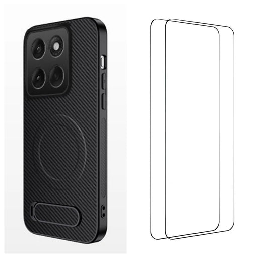 WANLONFENG For Motorola Edge 60 Fusion 5G / Motorola Edge 60 5G Magnetic Case with 2Pcs Tempered Glass Films  QT1 Series Kickstand Carbon Fiber Texture PC TPU Phone Cover - Black - 1
