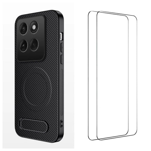 WANLONFENG For Motorola Edge 60 Pro 5G Magnetic Case with 2Pcs Tempered Glass Films  QT1 Series Kickstand Carbon Fiber Texture PC TPU Phone Cover - Black - 1