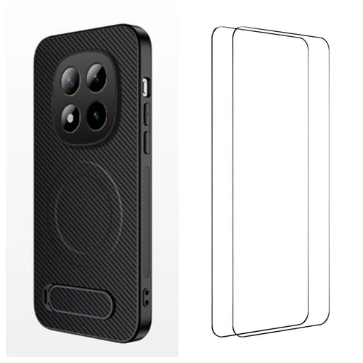 WANLONFENG For Xiaomi Redmi Note 14 Pro+ 5G Magnetic Case with 2Pcs Tempered Glass Films  QT1 Series Kickstand Carbon Fiber Texture PC TPU Phone Cover - Black - 1