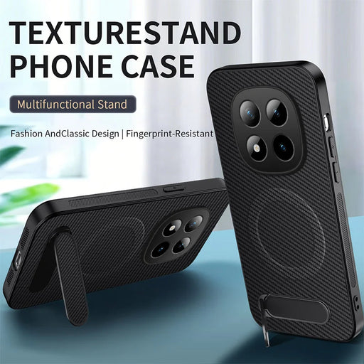 WANLONFENG For Xiaomi Redmi Note 14 Pro+ 5G Magnetic Case with 2Pcs Tempered Glass Films  QT1 Series Kickstand Carbon Fiber Texture PC TPU Phone Cover - Black - 2
